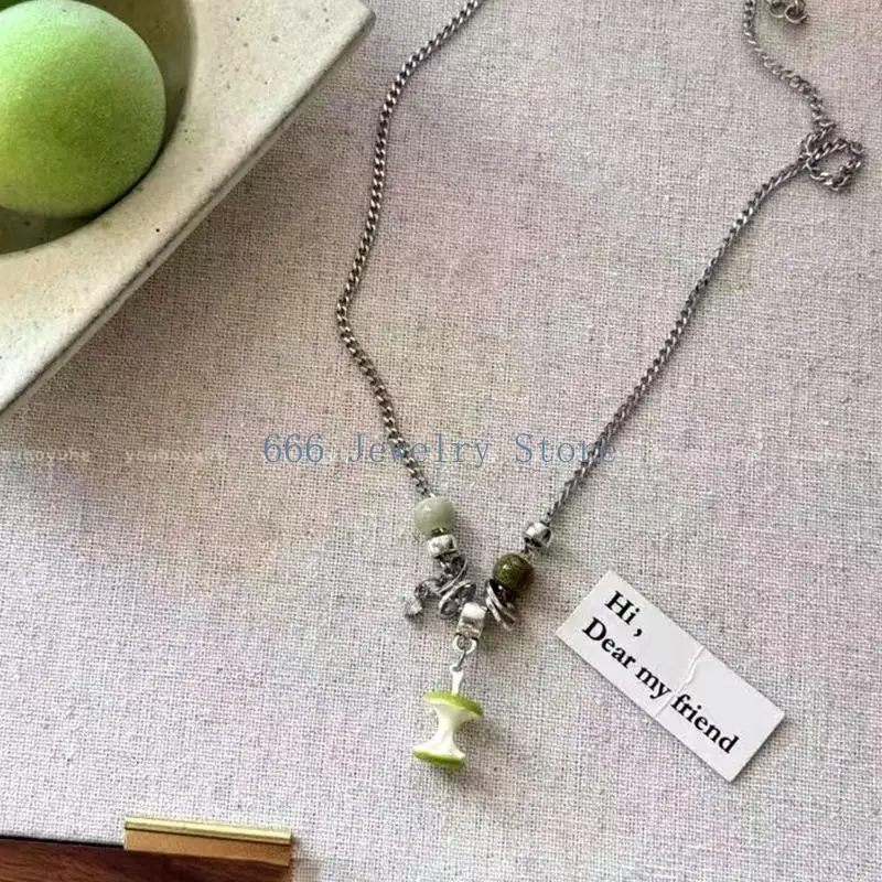 F2TD Daily Wear Necklace With Fruit Pendant, Green Bead Detail, Adjustable Short Alloy Chain for Casual Outfits, Commute Looks,