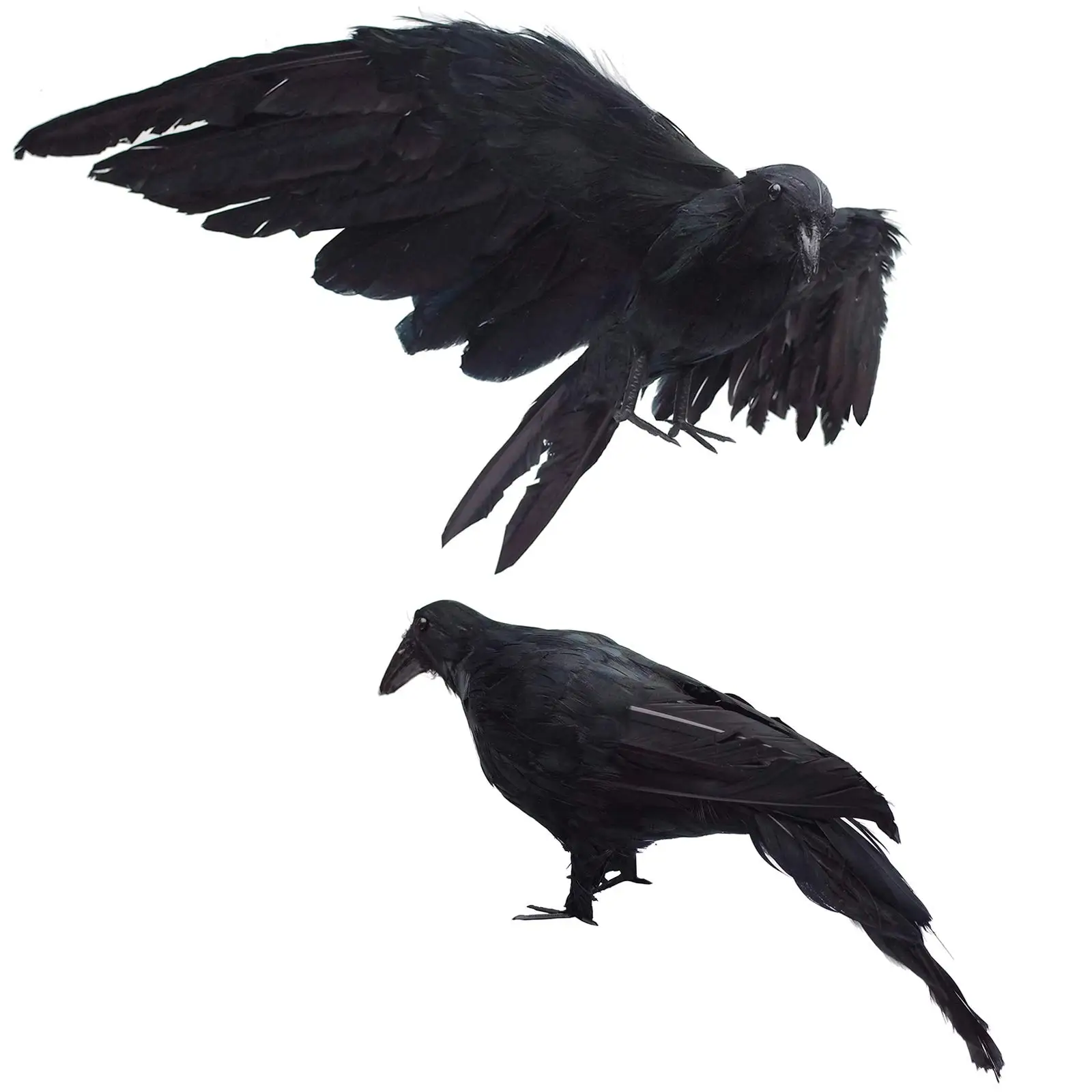 Etistta 2-Pack Realistic Crows Lifesize Extra Large Handmade Black Feathered Crow for Halloween Decorations Birds
