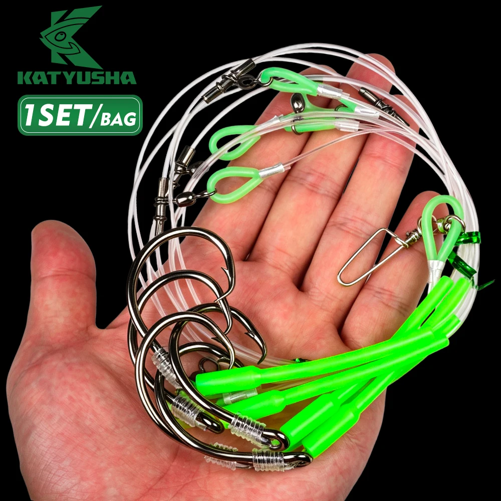 KATYUSHA 5Set Pre-tied Saltwater Fishing Rig Heavy Duty Circle Hook Rig Luminous Tube Protective Nylon Bass Boat Fishing Tackle