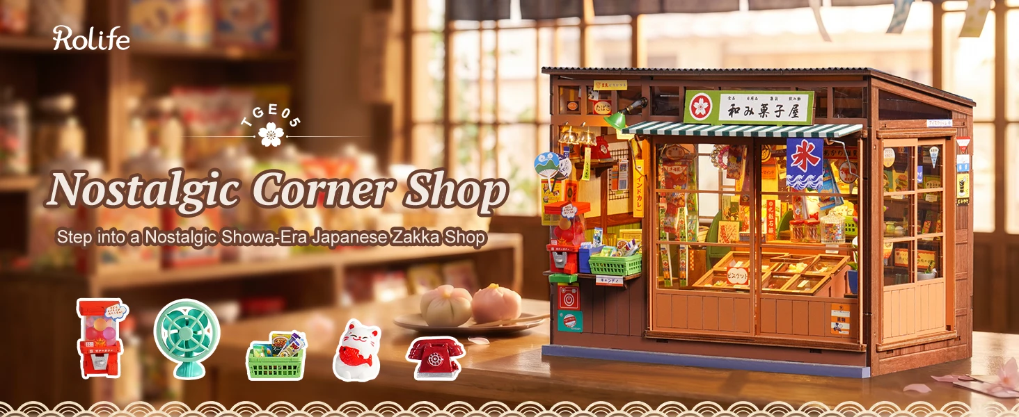 Rolife Nostalgic Corner Shop Japan Book Nook Kit DIY Miniature House Model Kits Japanese 3D Wooden Puzzle Gift for Her Crafters