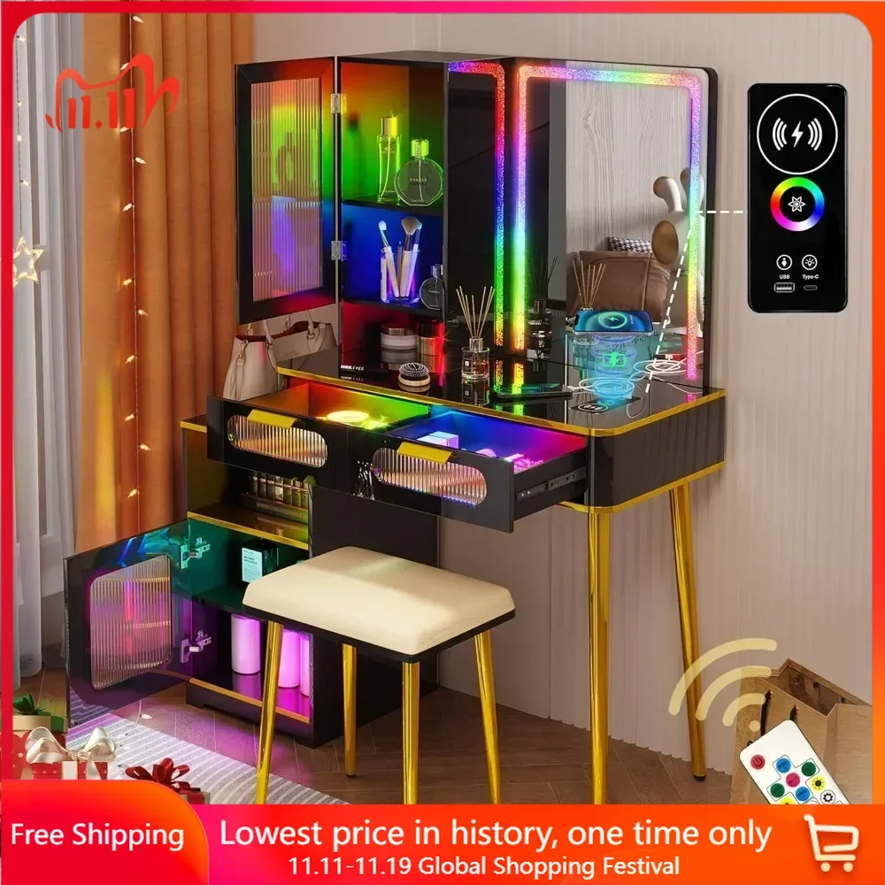 

Vanity Makeup Desk with RGB Lights and Drawers, RGB Makeup Desk with Charging Station & Sensor Mode for Bedroom Dressers