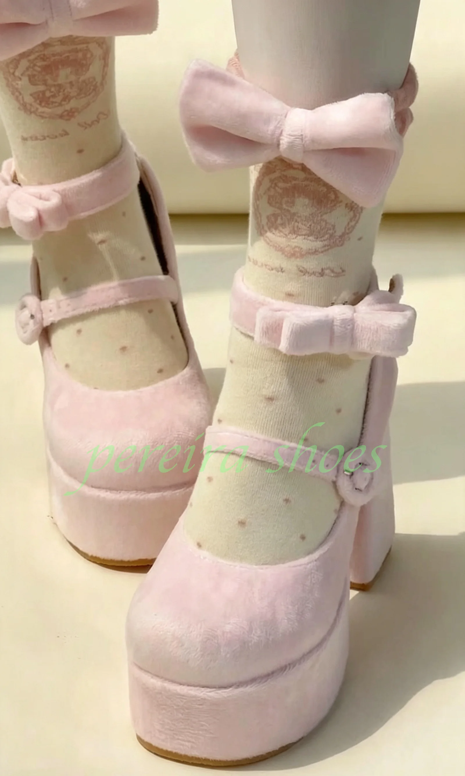 Zapatos de Tacón Súper Grueso con Plataforma, Estilo Mary Jane, de Terciopelo Rosa, con Lazo Decorativo y Correa en el Tobillo, para Mujer, Elegantes, para Fiestas
