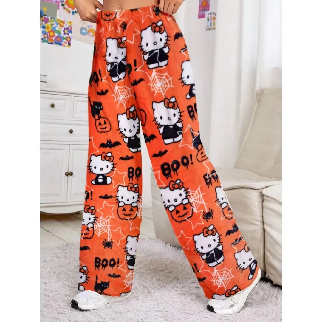 Unisex Flannel Pajama Pants Cute Halloween Pattern Long Sleep Pants Comfortable Loose Fit Casual Loungewear for Family Matching