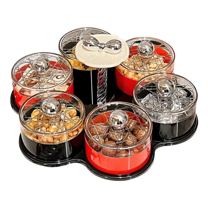 

Light luxury rotating snack box, dried fruit plate with grid and lid, household fruit plate, living room creative coffee table