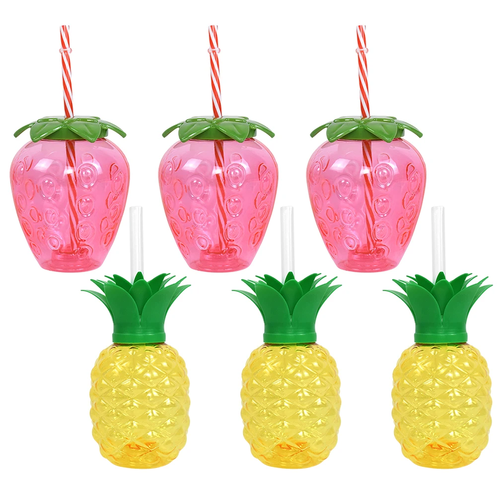 Taza de jugo para beber, taza de bebida fría con forma de piña/fresa de 500ml con pajita, decoración creativa para fiesta de cumpleaños, 3/6 Uds.