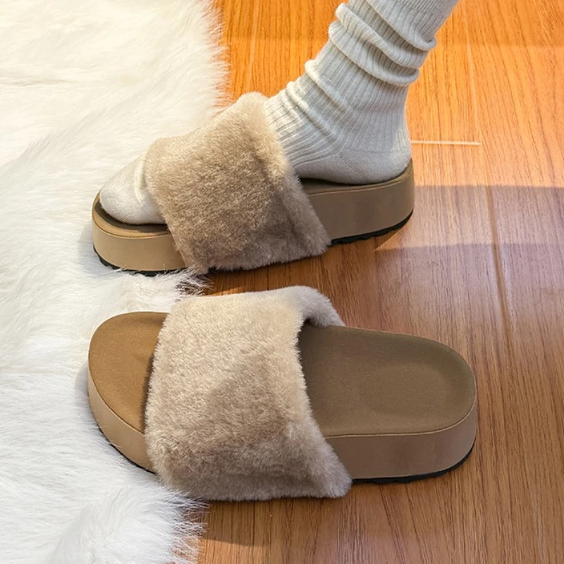 

Fur Women Slippers Flats Shoes Casual New Fashion 2025 Winter Woman Flip Flops Open Toe Cozy Slingback Slides Zapatillas Mujer