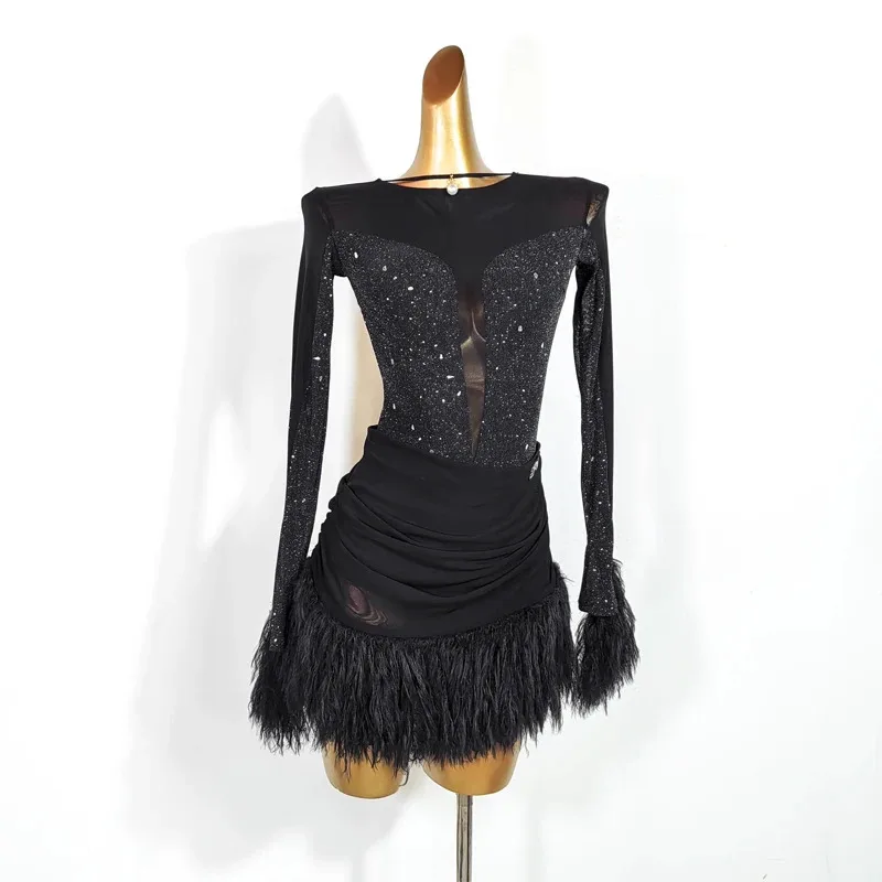 

Новинка 2024, платье для соревнований по латинским танцам, женское бальное платье с кисточками и длинными рукавами, одежда для сальсы, тренировочная одежда для румбы