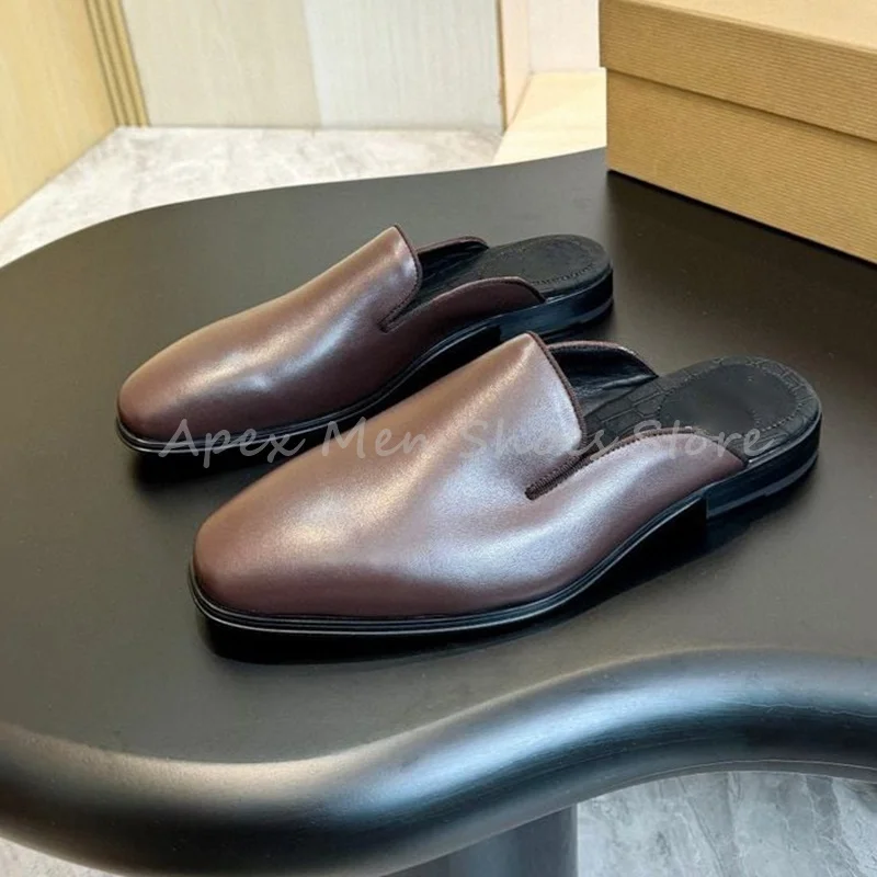 

Dark Brown Luxury Men's Mules Cowhide Slip On Casual Non Slip Slippers Breathable Crocodile Print Lining Versatile Footwear