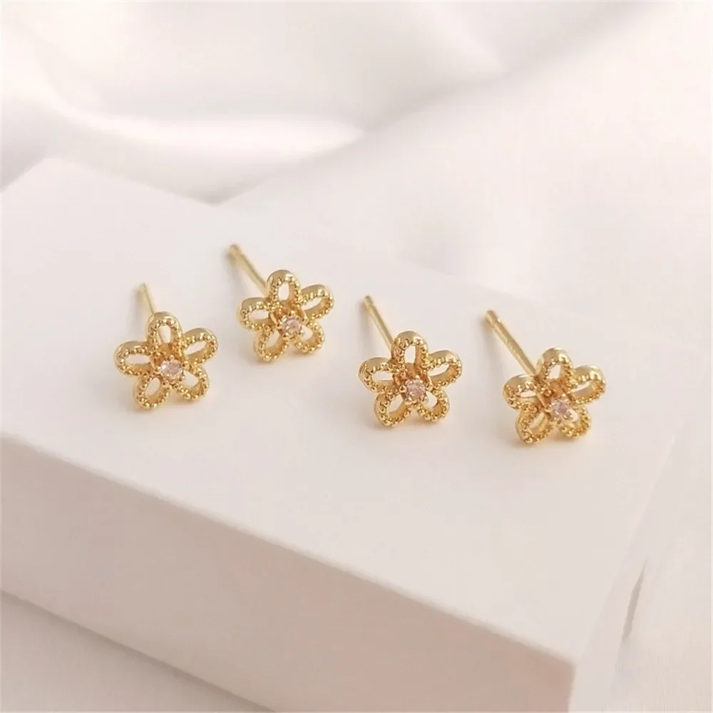 S925 silver needle 14K gold color set with zircon hollow florets ear stud 7mm six petal flower ear pin exquisite earrings