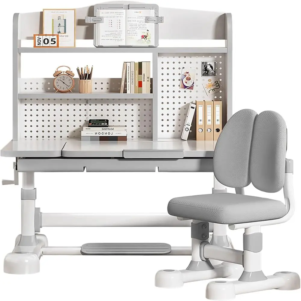 

Ergonomic Adjustable Height Desk and Chair Set for Kids, 0-50° Tilt Table, Storage, Reading Rack, Ages 3-12, Gray