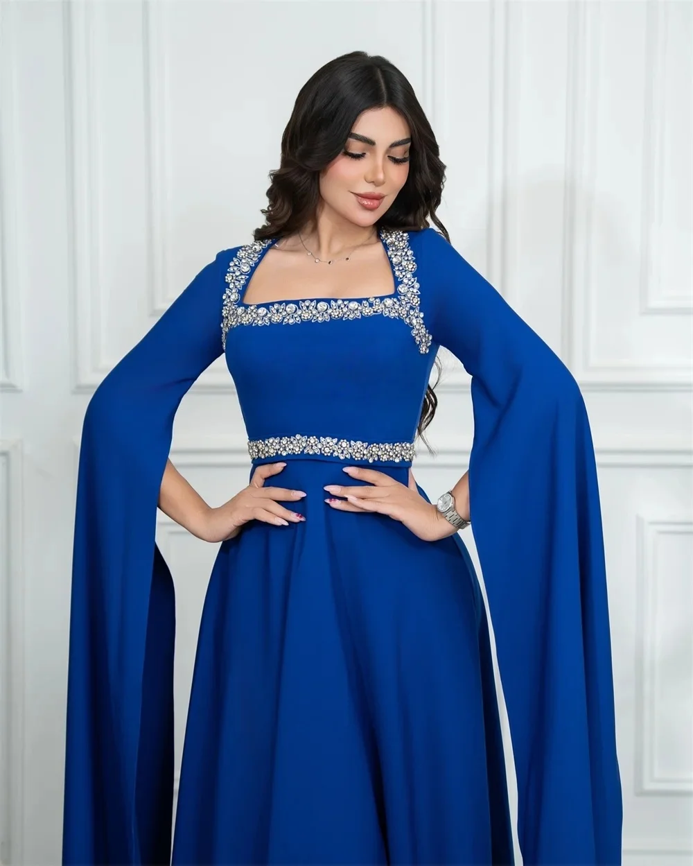 로얄 블루 비즈 장식 롱 맞춤형 행사 드레스 이브닝 드레스 프롬 파스트롤 유니섹스 저지 레트로 두바이 사우디 아라비아 맞춤형