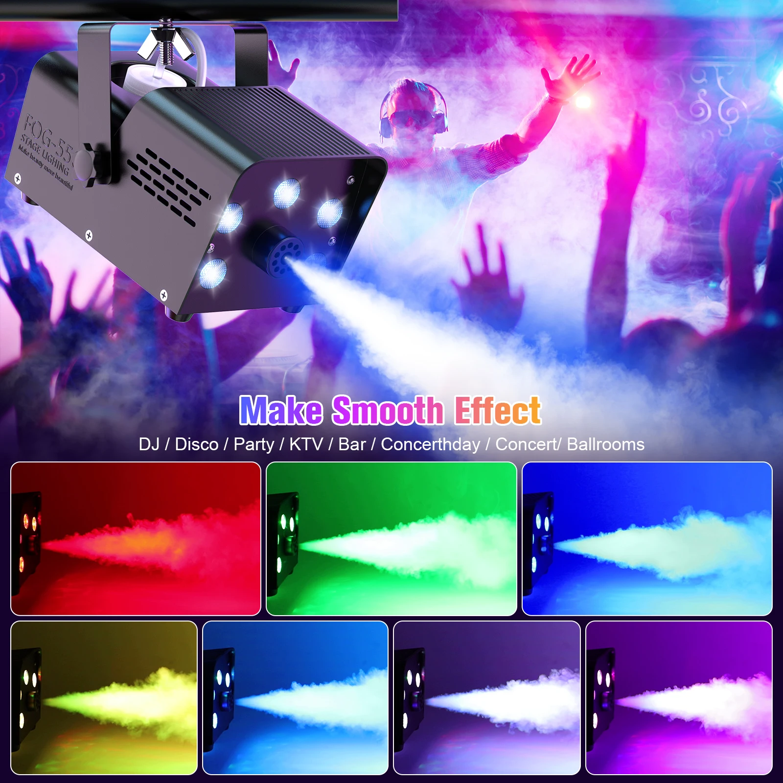 Yiflamefly 550W 포그머신, 다채로운 5개 RGB LED 무대 조명, 리모컨 포함, 웨딩 파티 바용 스모크 머신 포거