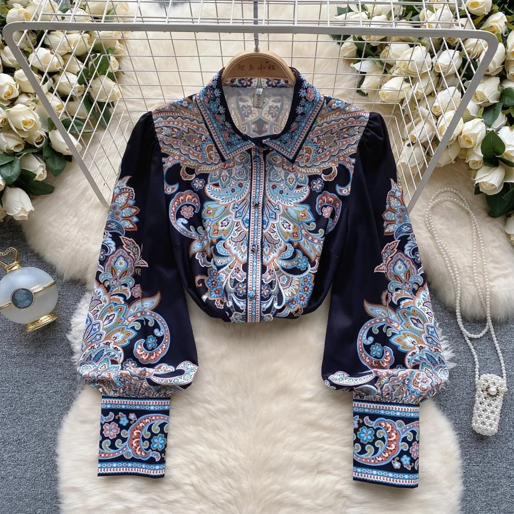 Vintage Elegant Print Lantern Sleeve Loose Blouse Fashion Polo-neck Shirt  Casual Chic Top Fairy Autumn Women