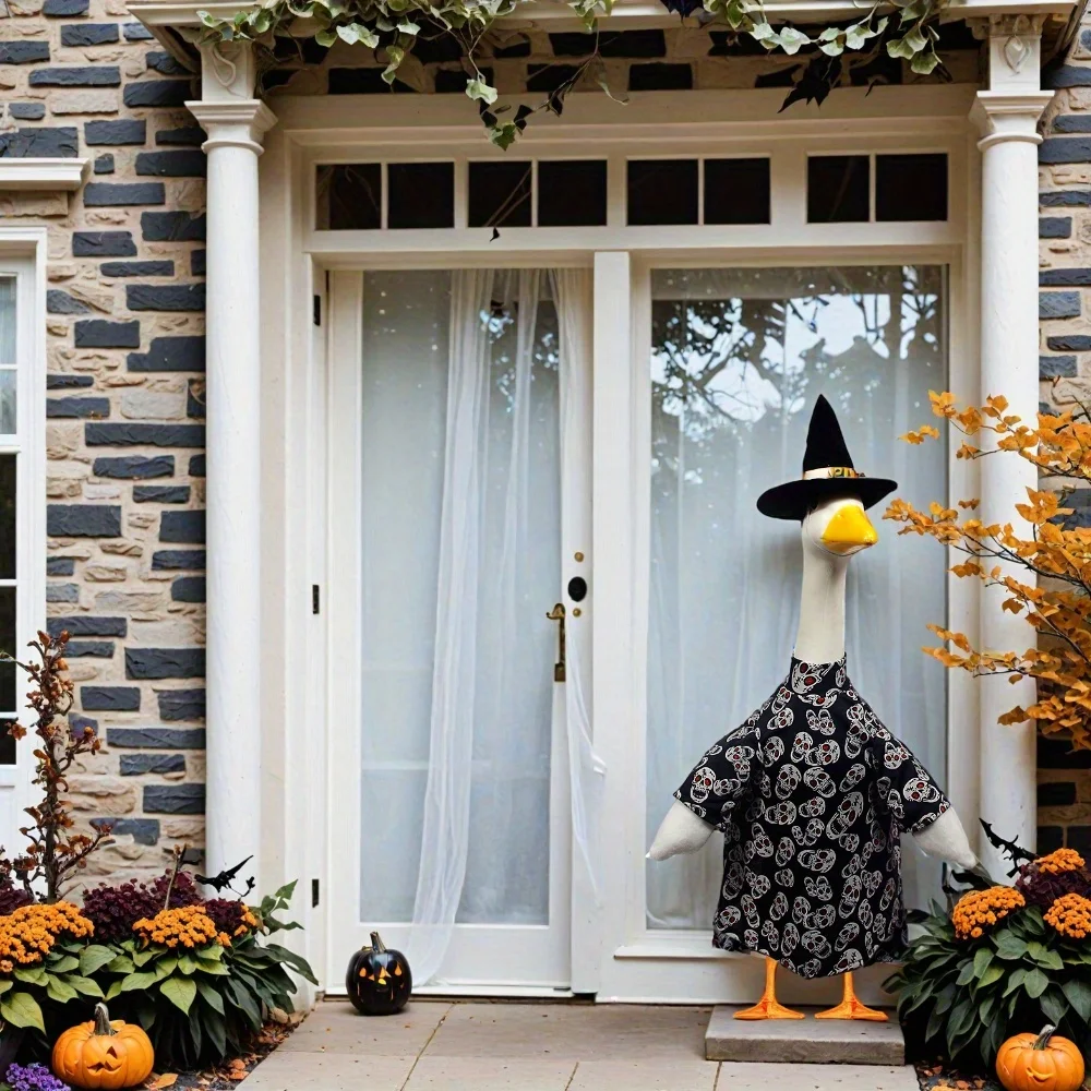 Porch Goose Outfit, Halloween Red-eyed Skeleton Shirt Witch Hat, Lawn Goose Clothing Suitable for 23in Cement/ Plastic Goose Statue, Outdoor Yard Decor view 2