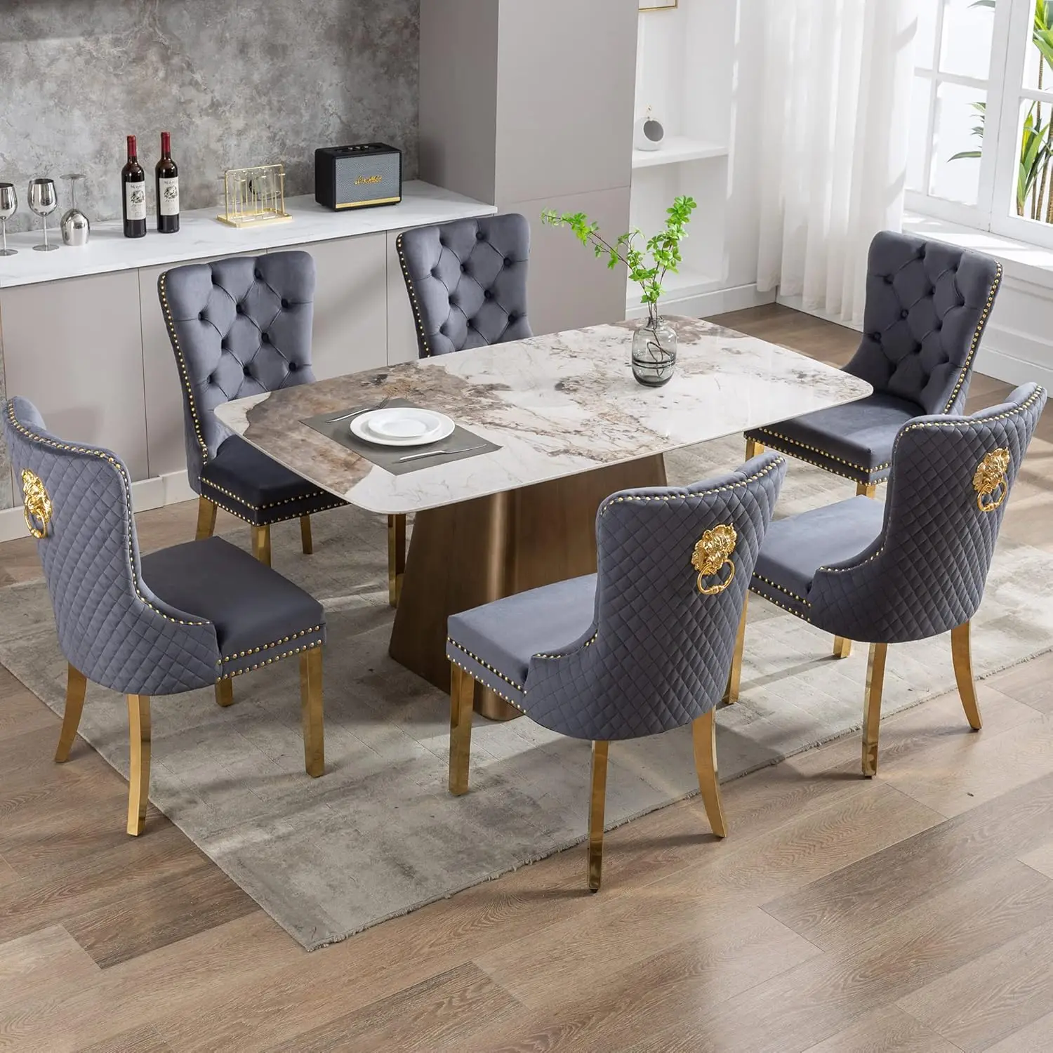 NEW Velvet Upholstered Dining Chairs Set of 6, Modern Button Tufted Chairs with Lion Head Pull Ring and Stainless Steel Legs