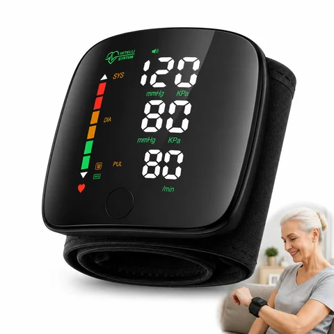 Wrist Blood Pressure Monitor Digital BP Machine with Large LED Display Voice Broadcast 3 Color Backlight Dual User 2x99 Memory Fast Reading Compact Portable Wrist Cuff Sphygmomanometer Pulse Rate Monitor for Adults Seniors Home Travel