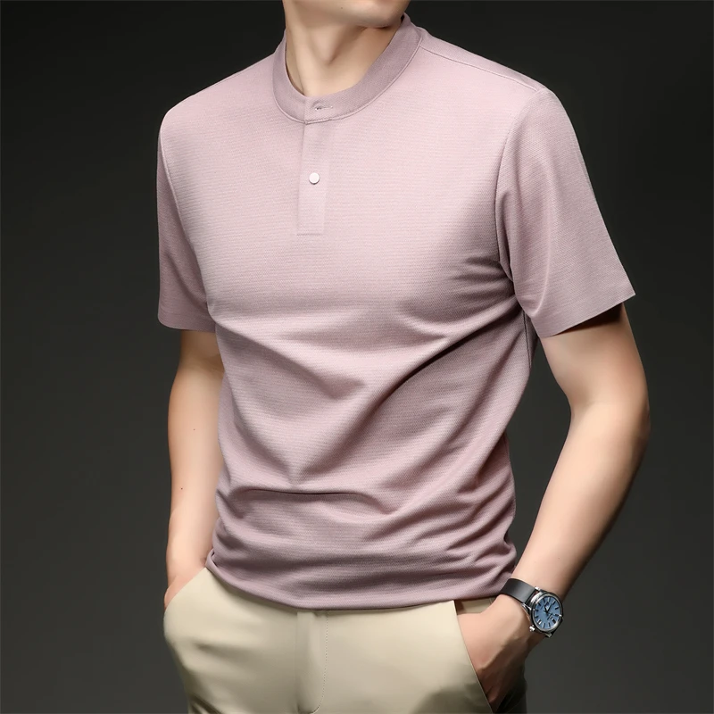 2026 New Men's Single Button Henley Neck Tee Comfortable Textured Fabric Short Sleeve For Casual And Business