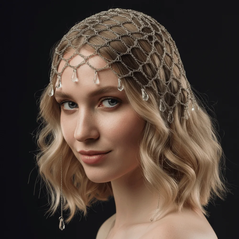 Crystal Tassel Rhinestone Headpiece Beaded Mesh Hair Headpiece Bridal Head Chain Crystal Hair Jewelry Draped Design