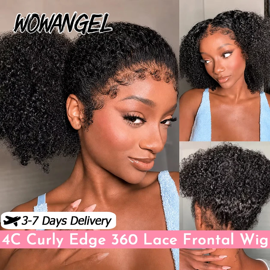 WOWANGEL 4C Curly Edge Glueless 360 Full Lace Frontal Kinky Curly Human Hair Wig Pre Plucked Curly Baby Hair With Invisi-Strap