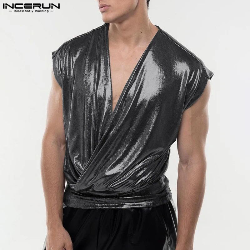 2024 Men Tank Tops Sparkling V Neck Sleeveless Casual Male Vests Streetwear Solid Summer Fashion Men\'s Clothing S-5XL INCERUN