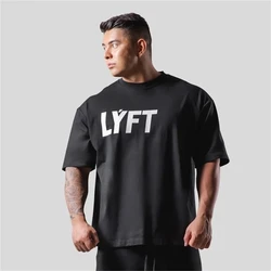 LYFT Summer Men T Shirt Letter GYM Print Mens Oversize Hip Hop Short Sleeve Casual Cotton Mens Streetwear Top Tees Active Shirt