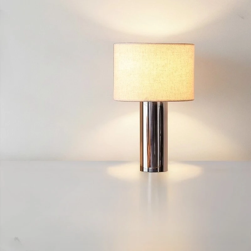Moden Cylindrical Stainless Steel Base LED Table Lamps White Fabric Lampshade Living Room Restaurant Office Bedroom Desk Lights