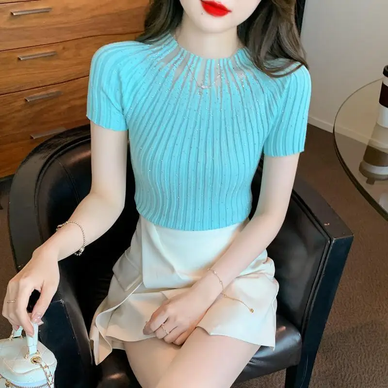 Tops T-shirt Women's Summer Diamond Knitwear Short Sleeves Stylish Designer Fitted Flattering Half-high Neck New Casual Niche