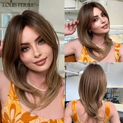 Medium Length Straight Brown Blonde Synthetic Wig for Women Short Layered Hair With Side Bangs Daily Heat Resistant Fake Hair
