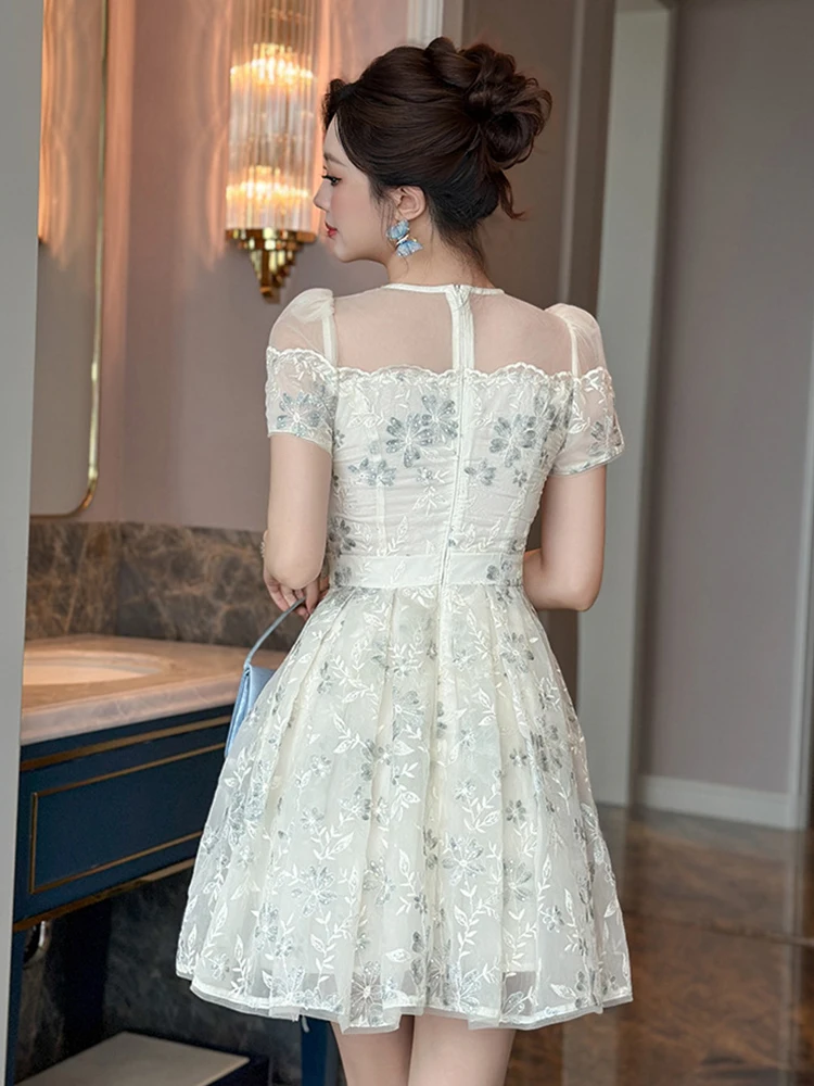 Vrouwen Kleding Zilverachtige Heldere Zijde Bloemen Korte Jurk Elegante Sexy Off-Shoulder Slanke A-lijn Mini Vestidos Zoete Formele Party prom