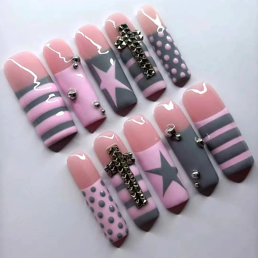 10-piece handcrafted Y2K-style rectangular 3D gel polka dot French manicure stickers, with star and pearl decorations included view 2