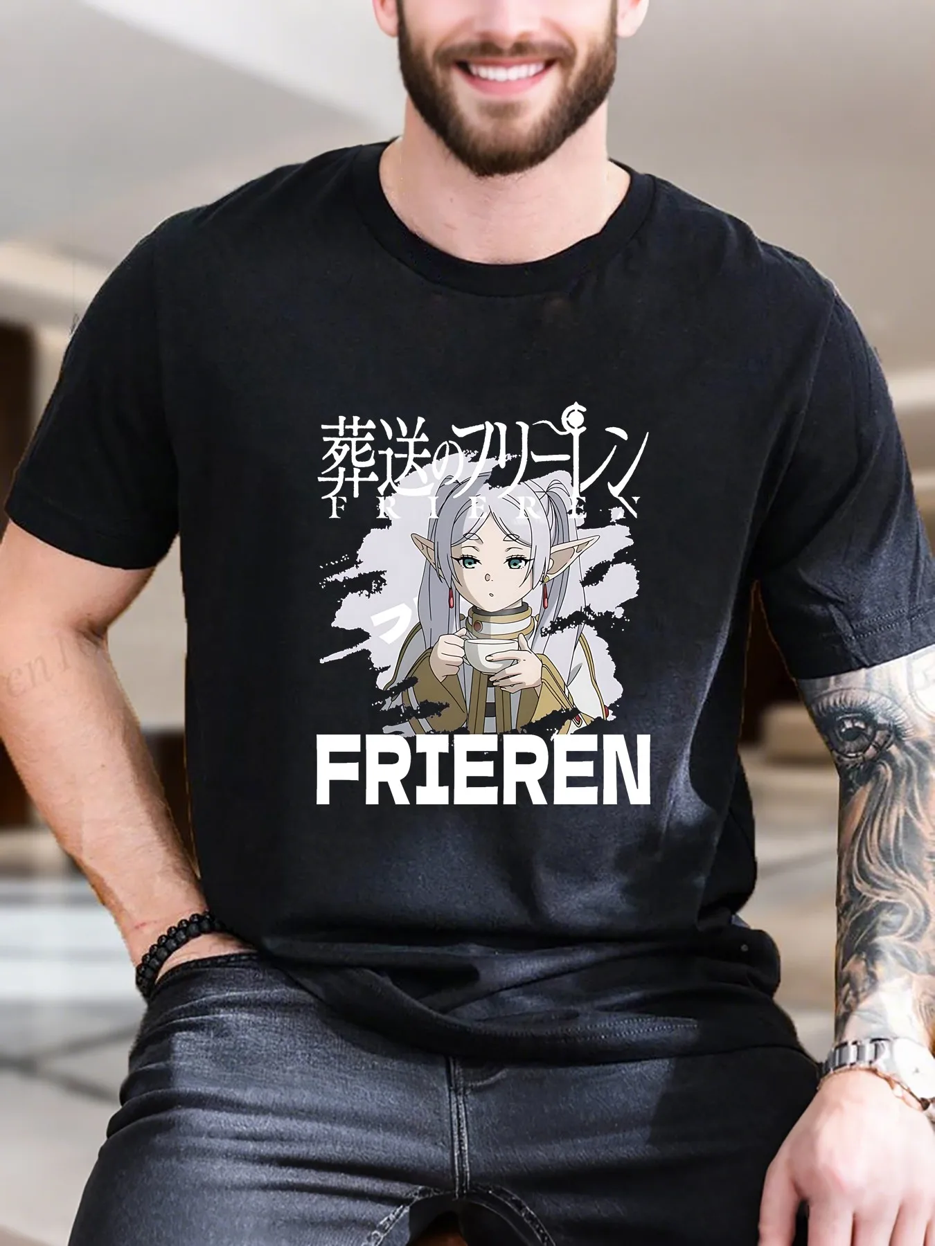 

New Arrival Fashion Men's Anime Print Short Sleeve T-Shirt Pure Cotton Comfortable Casual Top Coffee Cup Character Design for Da