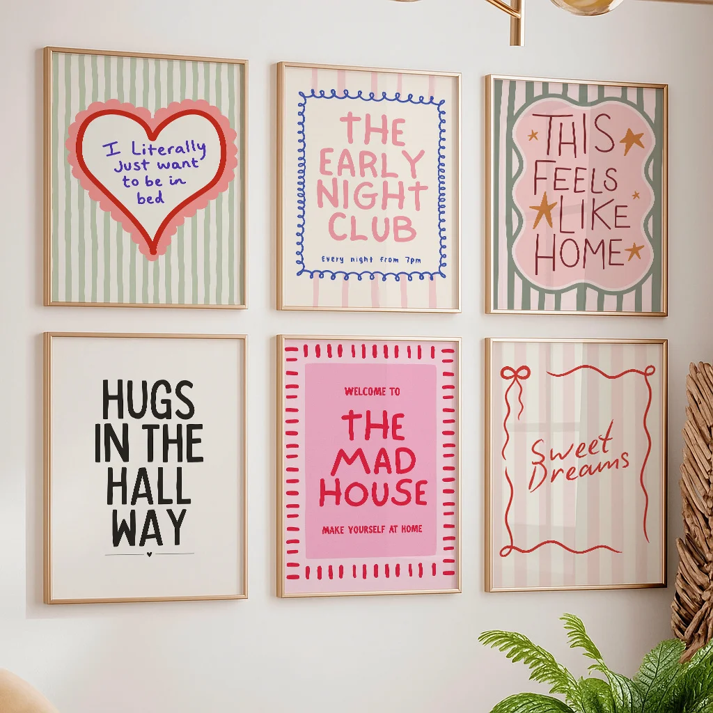 6pcs/set of Playful and Colorful Quotes Striped Canvas Print Inspirational Text Love Wall Art Posters for Modern Home Decor Gift