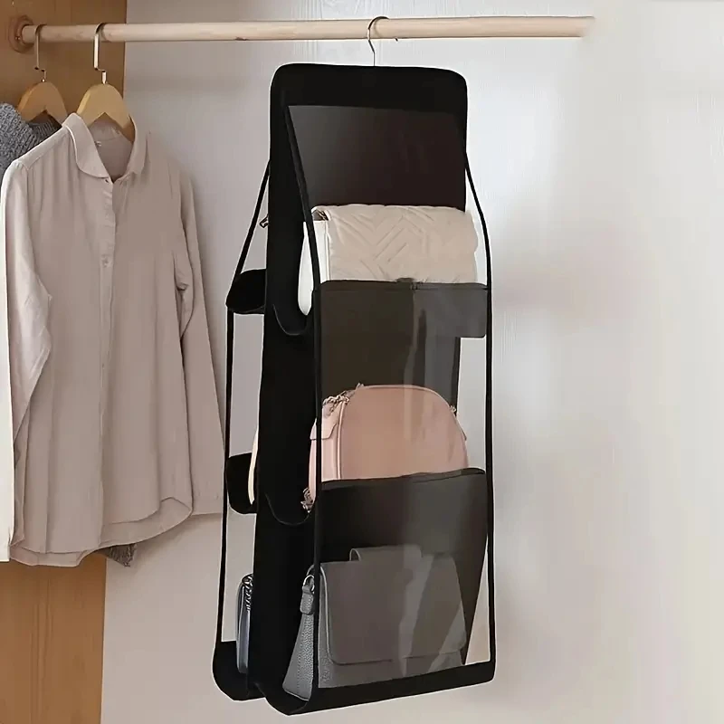 1pc Black/Grey Bag Storage Handbag Hanging Organizer Dust Bag With 6 Pockets Hanging Bag Wall Hanging Storage Bag