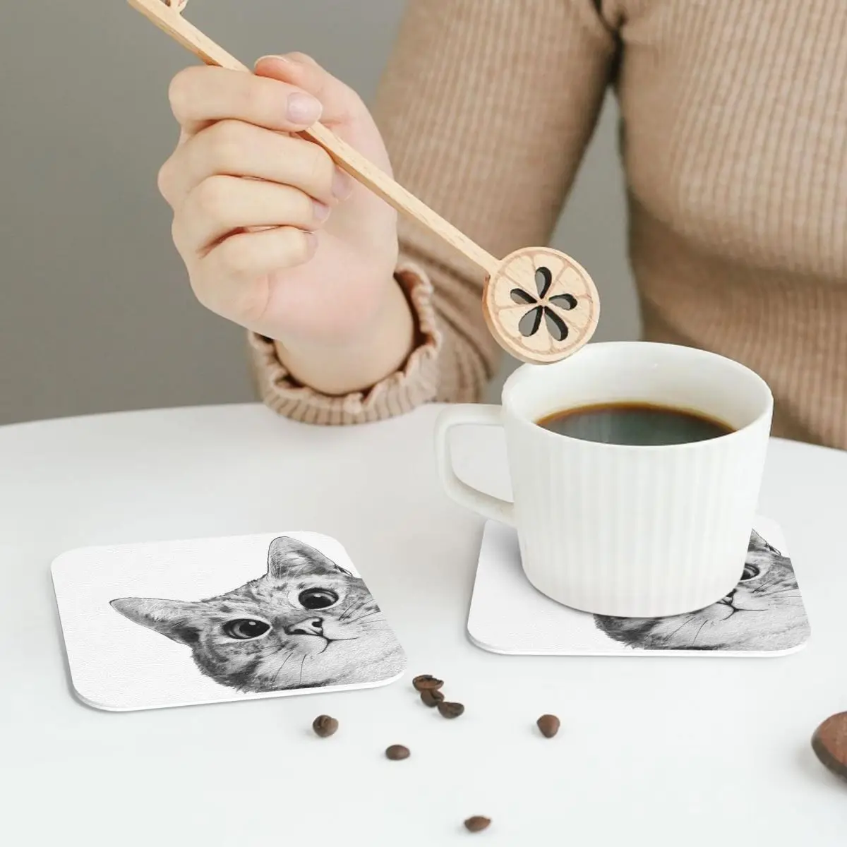Sneaky Cat Coasters PVC Leather Placemats Waterproof Coffee Mats for Home Kitchen Dining Pads Set of 6
