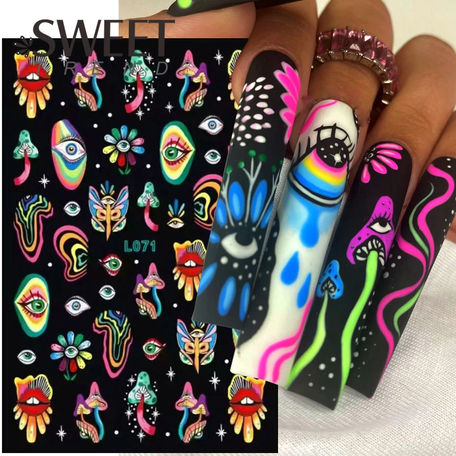 Laser Eye Mushroom Nail Stickers Shining Adhesive Decals Lip Flowers Dopamine Style Nail Art Decoration DIY Aurora Silver Design