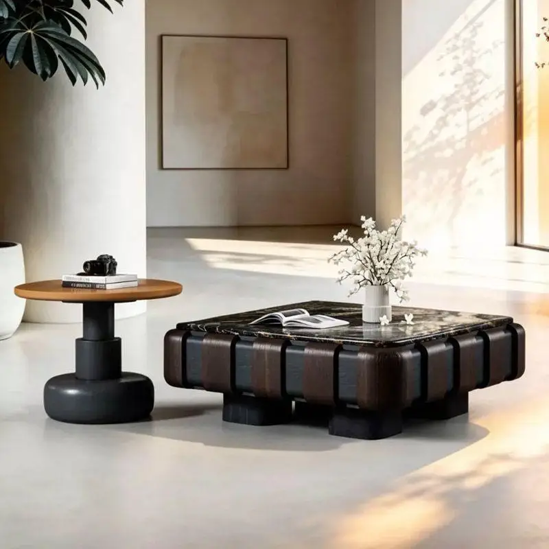 DSA simple leather coffee table living room essential minimalist square plus round coffee table combination villa high-end
