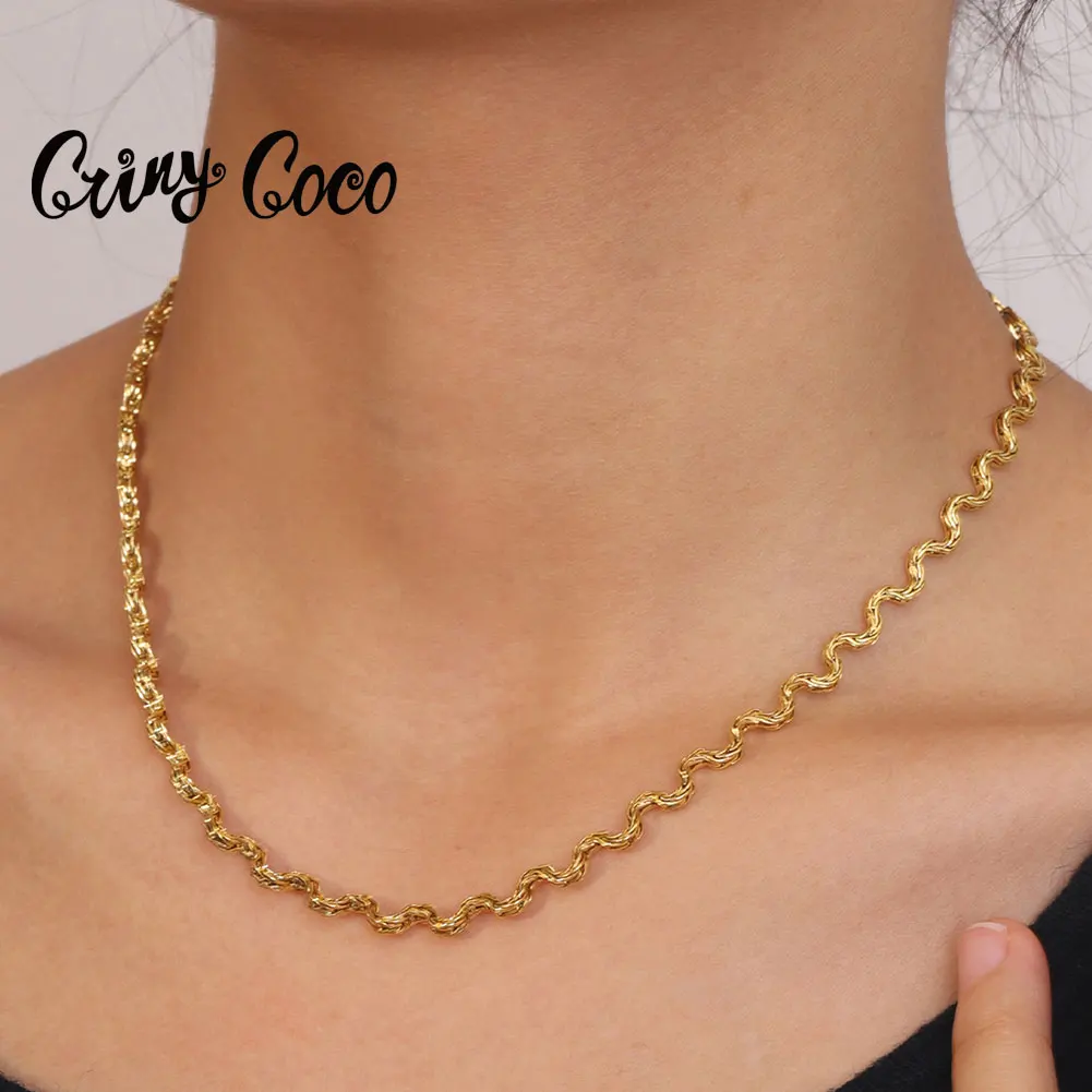 Cring Coco Choker Chunk Golden Necklace Trendy Wave Shape Chain Stainless Steel Jewelry for Women New Year Christmas Gifts