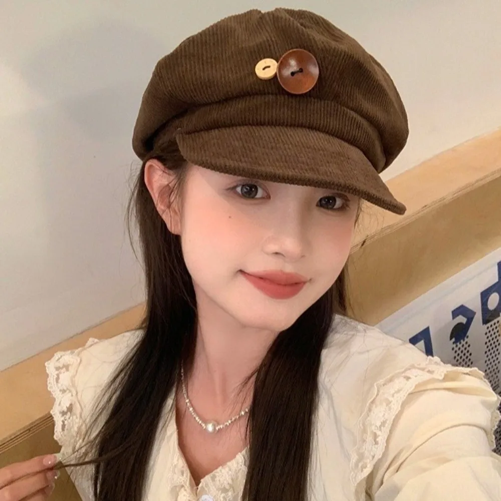 Simple Y2k Double Button Berets Hat Japanese JK Corduroy Baseball Cap Keep Warm Harajuku Octagonal Hat Female