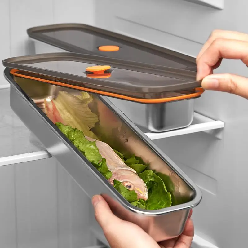 Bandeja para tocino de acero inoxidable 201 con tapa, adecuada para frutas, verduras y carnes, para limpieza de cocina y almacenamiento en refrigerador