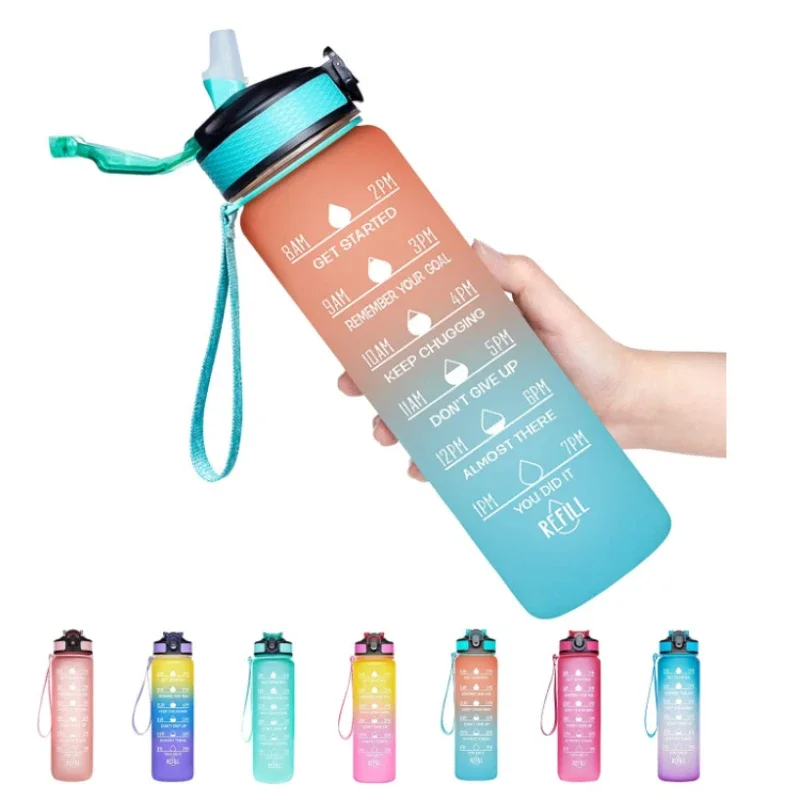 

1 Liter Water Bottle With Time Scale fitness Outdoor Sports Water bottles with straw Frosted Leakproof Motivational Sport Cups