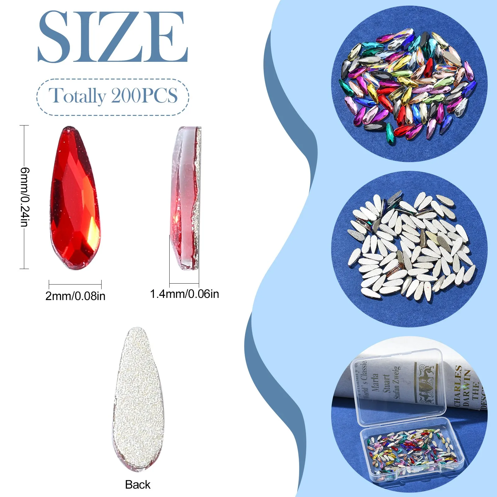 200Pcs Mixed Colors Glass Nail Art Rhinestones Crystal Teardrop Flatback Rhinestones Cabochons for DIY Nail Art Craft Decor