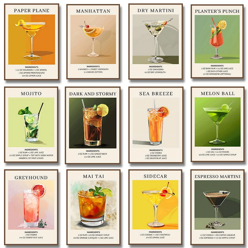Cócteles clásicos minimalistas, ingredientes de Martini Mojito, póster de Alcohol, pintura en lienzo, imágenes artísticas de pared, decoración para el hogar, habitación y Bar