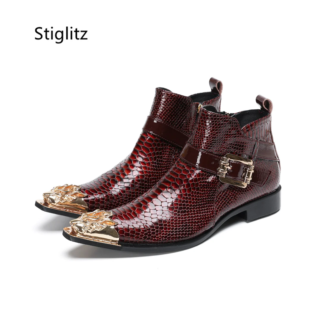 

Men's Belt Buckle Alligator Leather Boots Genuine Leather Metal Pointed Toe Chelsea Boots Zip Low Heel Ankle Boots Male Shoes