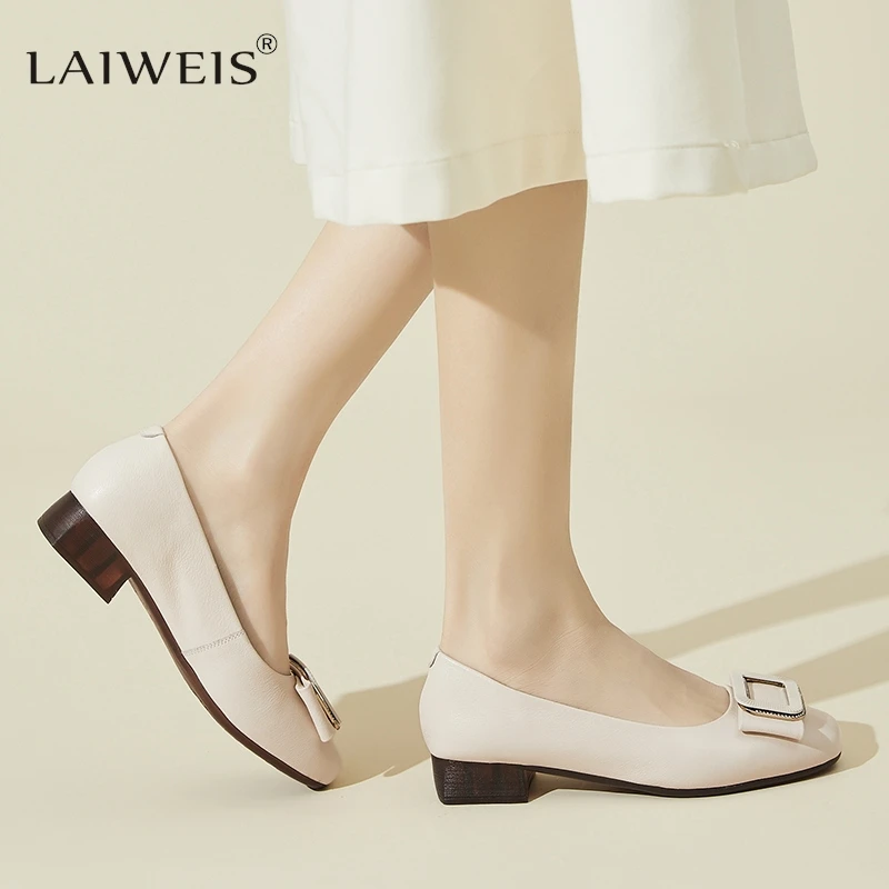 

LAIWEIS Spring New Genuine Leather Women Shoes Low Heel Comfortable Round Head Casual Shoes Mid Heel Office Work Shoes Brand