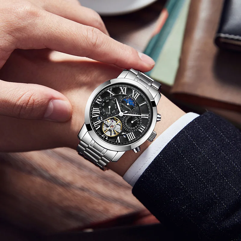 Top Brand Men's Tourbillon Watches Luxury Automatic Moon Phase Mechanical Watch for Men Stainless Steel Fashion Wristwatch Male