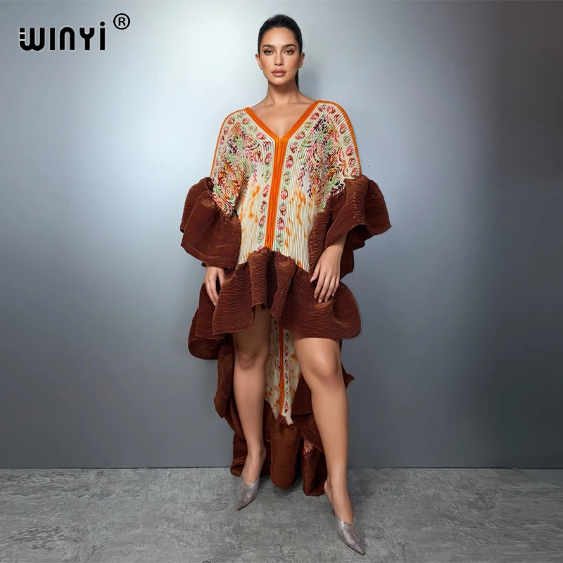 

WINYI Middle East Pleated Elastic Maxi Kaftan Boho Evening Dress Elegant Beach Cover up Luxury Party Dress Dubai Style Abaya