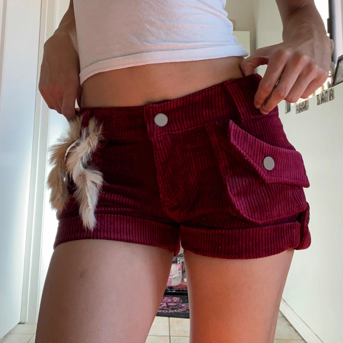 Burgundy Corduroy Casual Shorts Autumn New 2026 Spice Girls Sexy Low Waist Skinny Pocket Retro Hot Pants