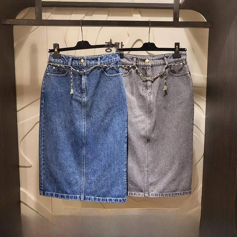 

Ultra-Ele Metal Bule Pure Cotton Mid-Waist Midi Skirt Commute Sle Korean Version Button Zipper ket Detail Skirt