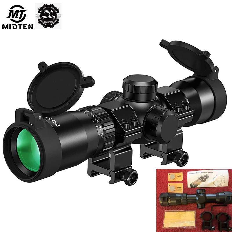 MidTen 1.5-5x32 Crossbow Scope 20-100 Yards Etched Glass Ballistic Reticle Red Green Illuminated Hunting with 20mm Scope Rings