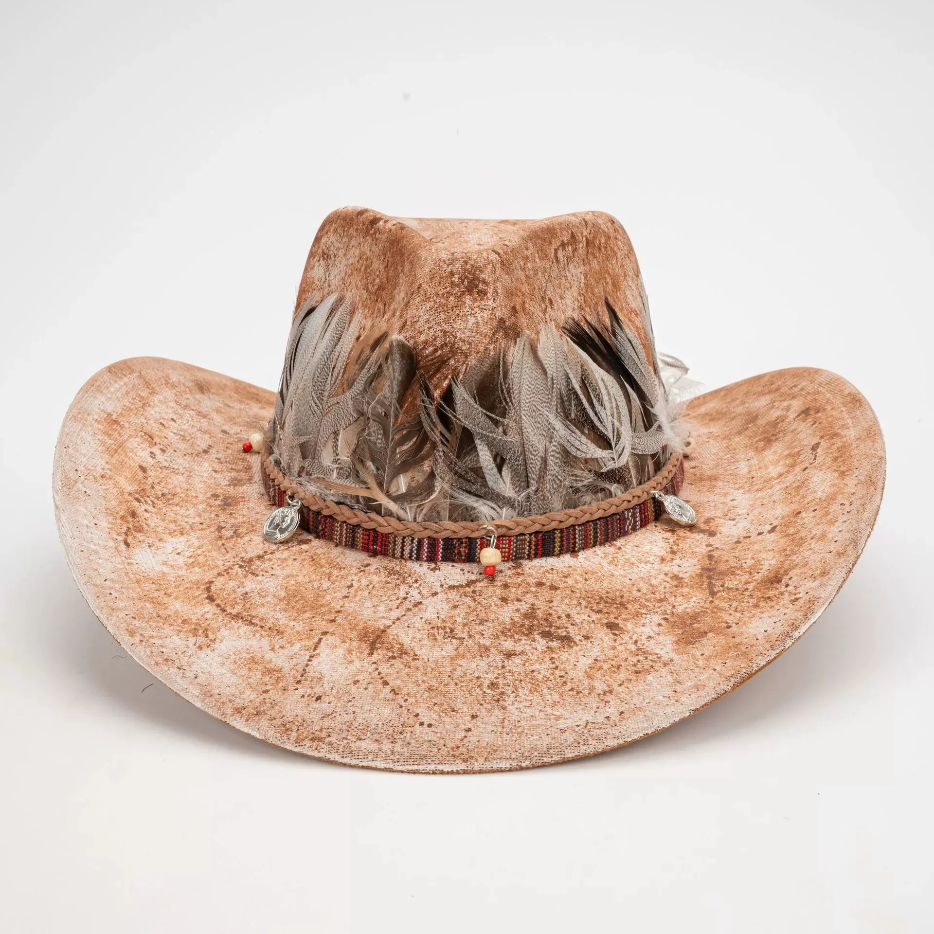 Fashionable Hand-Painted Distressed Western Cowboy Hat, Wide-Brimmed Wool Hat, Feathered Vacation Sun Hat, Jazz Hat
